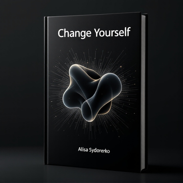 The cover is dominated by a sleek, matte black background. Centered is an abstract, morphing shape in shades of dark grey, symbolizing change. Surrounding the shape, faint, glowing lines in different patterns draw the eye towards the middle, evoking a sense of transformation and flow.