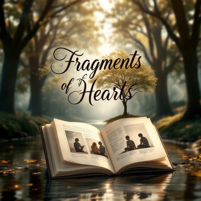 The cover features a gently flowing creek bordered by tall, gentle oak trees in the background. At the center, a photo album is partially open, revealing faded and worn pages of photographs and handwritten notes. Shadowy figures of three teenagers sitting under one of the oak trees emerge from the creek's reflections. The background has a soft, muted color palette with hints of pastel shades creating a nostalgic atmosphere, accented with subtle golden glows of sunlight piercing through the tree branches.