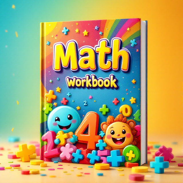 A vibrant, lively cover featuring happy cartoon characters like numbers with faces, friendly animals holding plus signs, and large, colorful mathematical symbols. A rainbow background gradient adding whimsy, with stars and confetti sprinkled around.