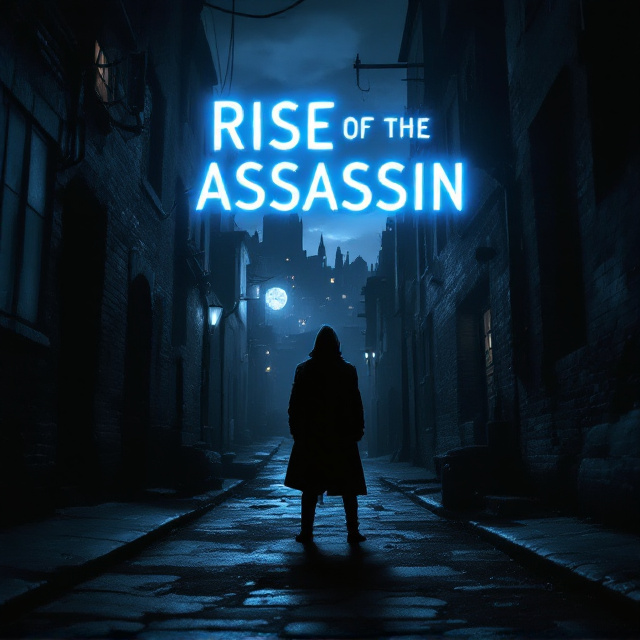 The cover features a dark, narrow alleyway leading to a shadowy skyline of a small city. A shadowed figure stands in the foreground, partially concealed by the darkness, suggesting mystery and intrigue. The moonlight casts a subtle glow on the alley walls, adding to the suspenseful atmosphere. The title "Rise Of The Assassin" is prominently displayed with a glowing effect to enhance its presence.