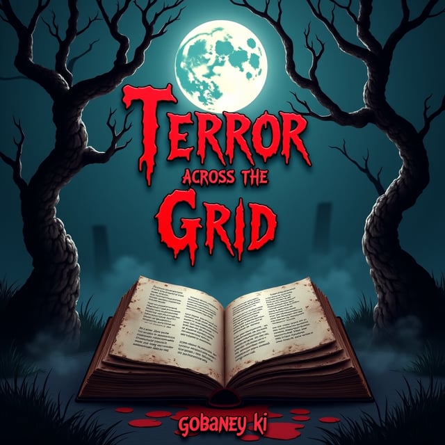The cover features an eerie, gothic landscape as the primary background. Twisted trees with gnarled branches frame the sides of the cover, casting ominous shadows. A full moon with a ghostly glow hangs low, illuminating a large, aged crossword puzzle book in the foreground. The puzzle book, open to show torn pages, has cryptic clues scrawled in dark red, resembling blood. The eerie atmosphere is further enhanced by mist creeping along the ground.