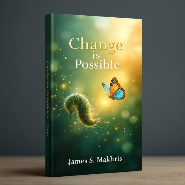 A serene yet striking metamorphosis scene is depicted at the center of the cover, showing a vibrant turquoise and orange butterfly in mid-flight on the right half, transitioning from a soft green and brown caterpillar on the left. The background fades from a dusky forest green (left) to a luminous golden light (right), representing transformation and hope. Subtle swirling patterns of light energy connect the caterpillar to the butterfly, suggesting spiritual growth.