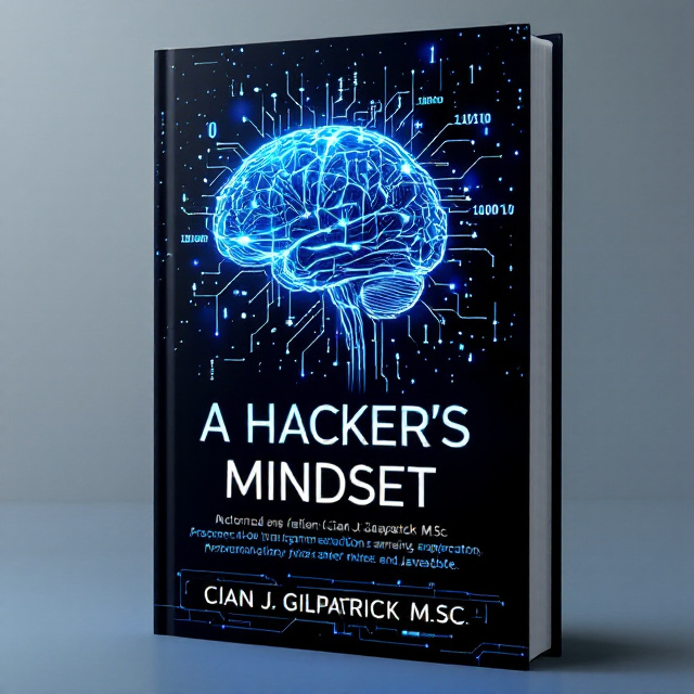 A dark, star-studded galactic background extends across the cover, giving the impression of a vast, infinite, and mysterious digital universe. A human brain, rendered in glowing translucent blue circuits and intertwined with flowing computer code, takes center stage. Thin streams of binary numbers flow outward from the brain, tapering off into the background like digital smoke. At the bottom, projections of holographic programming language snippets (e.g., Python, JavaScript) appear floating in a subtle glow, reinforcing the hacking theme.