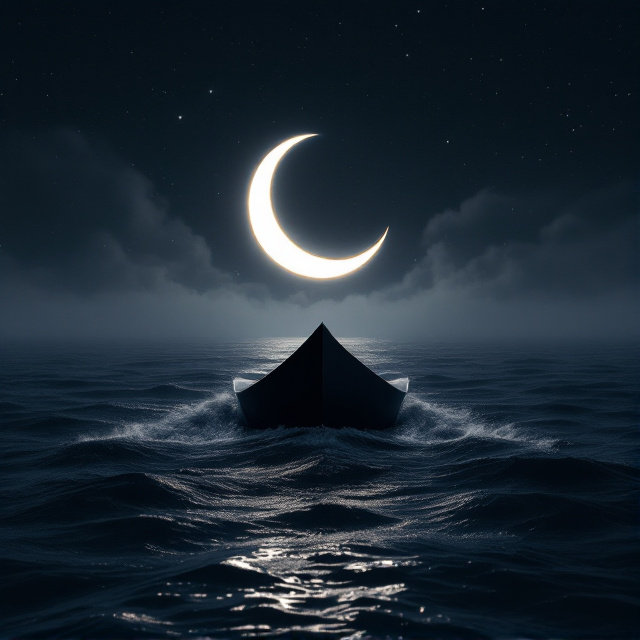 An all-black boat with sharp, angular contours sits in the center of the cover. The boat is sailing on a dark, rippling sea filled with subtle gradients of dark blue and black textures. The crescent moon on the bow glows an ethereal, bright white, casting a soft reflection on the water below. A layering of wispy clouds surrounds the moon, adding an atmospheric mystery set against a night sky splashed with stars. The title, "Céu Negro," is positioned above the boat in bold, glowing typography, blending with the celestial ambiance.