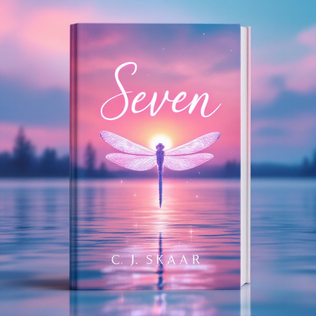 A shimmering lake reflects a vivid sunset composed of soft pinks and blues, blending seamlessly across the sky. On the horizon, silhouettes of a few slender trees frame the peaceful scene. A luminous dragonfly with delicate, glowing wings gracefully hovers above the water. The overall ambiance is dreamlike and magical.