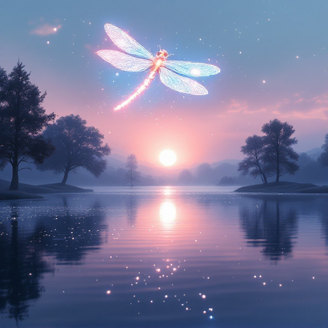 A serene lake surrounded by shadows of a few trees with their silhouettes reflected on the water. A glowing dragonfly with a trail of sparkling light flies prominently above the lake, creating a magical essence. The sky transitions seamlessly from a soft pink hue on the left to a calming blue on the right, with the sun setting at the center in warm golden tones. Light sparkles dance on the calm surface of the lake, adding an ethereal touch.