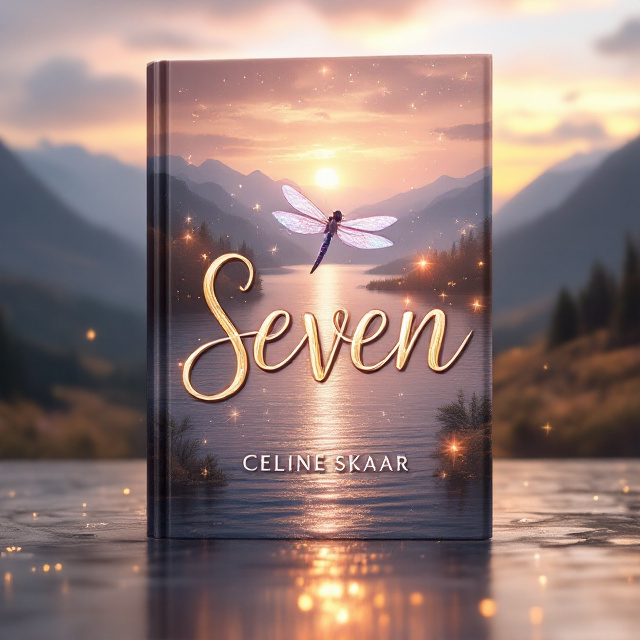 A serene lake stretches across the bottom half of the cover, its surface shimmering under the soft glow of the sunrise. The dragonfly is placed in the mid-upper portion of the cover, caught mid-flight with its delicate wings glowing in iridescent pink and golden hues. The background features soft rolling mountains fading into the distance with a scattering of trees along their base. Above, the sky transitions from pink to blue, streaked with soft yellow and orange tones of dawn. The warm and magical ambiance is accentuated by sparkling light particles dancing around the dragonfly and over the water.