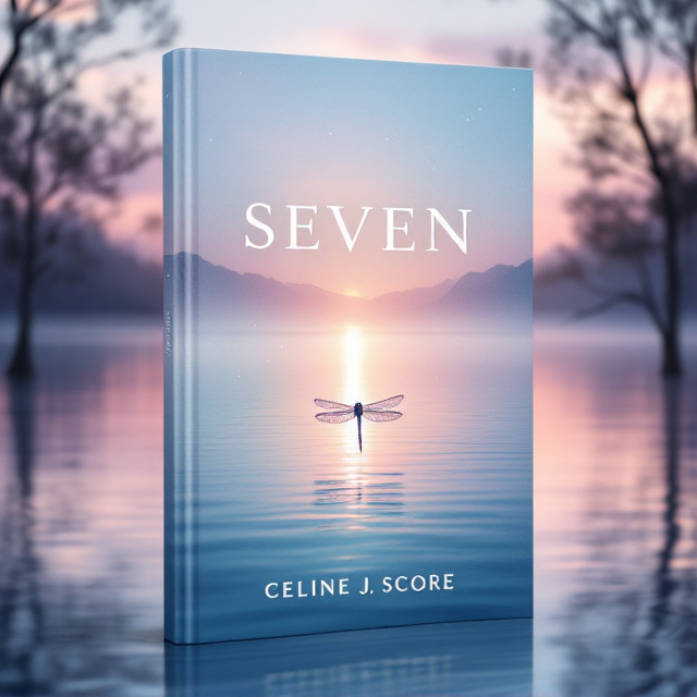 A serene lake reflecting soft pink and blue hues of a dawn sky, with the golden sun just beginning to peek above the horizon. Silhouettes of slender trees frame the sides of the cover, adding an organic and romantic touch. At the forefront, a gracefully delicate dragonfly is captured mid-flight, its wings shimmering with slight highlights of light, appearing almost magical.