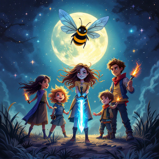 The cover features a dynamic, whimsical nighttime scene with a dramatic full moon illuminating a dreamy, star-speckled sky. At the forefront stands the honey-brown-haired girl in distress, holding a shimmering blue-and-silver sword, her expression both fragile and hopeful. Surrounding her in a protective semi-circle are the other characters. To her left, a brown-haired girl wields a blazing sword of fire, her posture confident, a joyful expression on her face. To her right, a second brown-haired girl with a carefree, happy expression reaches out as though in reassurance. A blond-haired boy stands beside them, radiating determination with a joyful expression, while the brown-haired boy, slightly behind the group, has an angry, determined look, as if poised to strike. Hovering slightly above is a whimsical, oversized smiling bee, radiating warmth and joy, with trails of honey-colored sparkles floating in the air. The background creates an enchanted forest-like setting, with swirls of glowing light and faint silhouettes of monstrous, benevolent beasts lurking nearby to tie into the "monsters" theme.