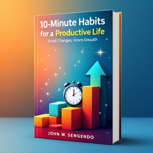 The cover features a dynamic upward arrow made of colorful blocks, symbolizing small changes leading to big results. A stopwatch sits at the center of the arrow, conveying the focus on time management. A gradient background transitions from energizing vibrant orange at the base to inspiring blue shades at the top, representing growth and success. Clean lines, minimalistic icons (like a checklist and ticking clock), and subtle sparks of light add dynamism to the image.