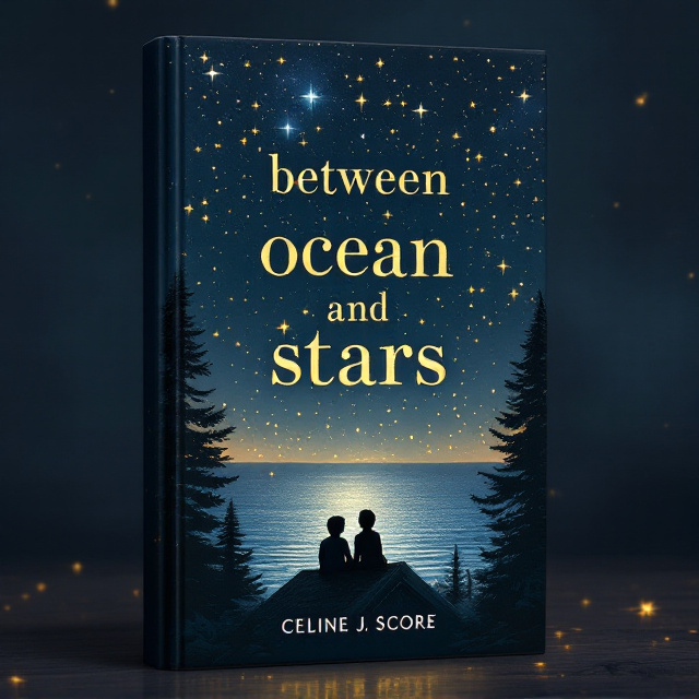 A dark blue night sky filled with countless shimmering golden stars. The ocean glistens softly in the moonlight, stretching to the horizon. A small, cozy cabin sits nestled amidst tall, dark trees in the foreground. On the slanted rooftop of the cabin, a boy and girl sit side by side, silhouetted against the vast sky. Their gazes are pointed upward, evoking a sense of longing and connection. The cover has a subtle magical glow, with golden streaks of light weaving through the stars.