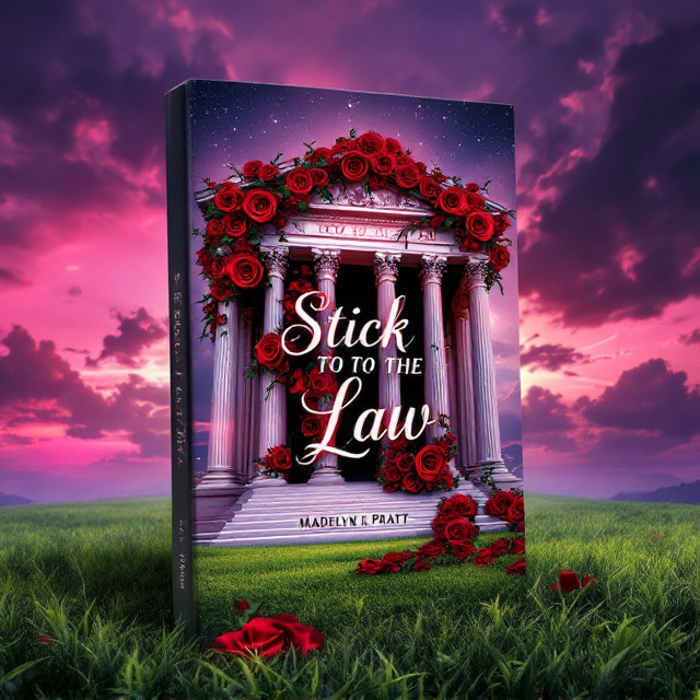 A majestic, surreal courthouse with towering columns, stranded in the middle of a vivid, vibrant field of emerald green grass. The courthouse is slightly angled to the left, and its design merges classical architecture with imaginative, otherworldly elements—perhaps a marble-like surface with glowing, faintly etched floral designs running up the columns. The sky in the background is a stunning gradient of purples and pinks, capturing the romantic yet suspenseful atmosphere of a sunset. The courthouse is surrounded by abstract wisps of pink and black that add a sense of mystery and movement. Dominating the center of the cover is the title "Stick to the Law" written in bold, dramatic lettering that curves slightly upward, wrapped in ruby-red roses with sprawling stems and thorns. Beneath the title, in a smaller but elegant script, is "Madelyn I. Pratt" in a soft white, which contrasts subtly with the colors. A delicate balance of hope and intensity radiates from the design.