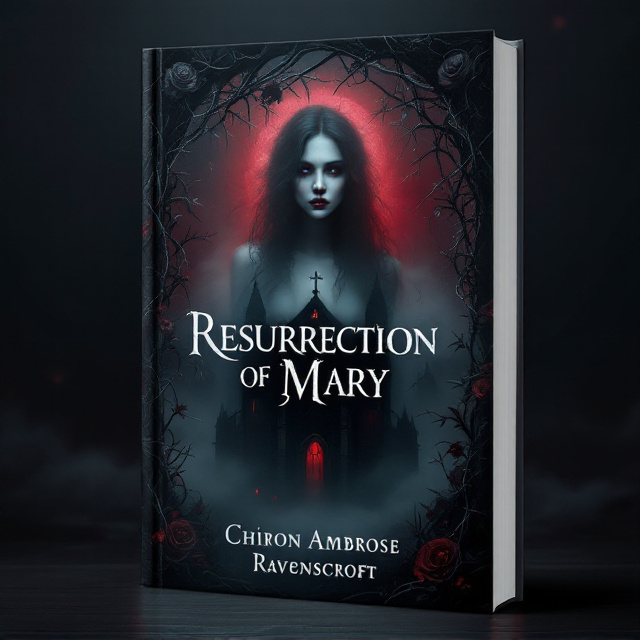 An ominous yet beautiful gothic chapel cloaked in dense fog occupies the lower half of the cover, its silhouette illuminated by a dim, spectral light. Twisted vines and thorny roses creep up the image, framing an ephemeral and elegant female apparition, her expression filled with a haunting mix of sadness and allure. The background behind her is a gradation of deep blacks fading into blood red, conjuring an unsettling yet captivating atmosphere.