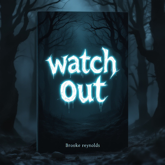 A dark, eerie forest with a foggy atmosphere serves as the background, with twisted, skeletal branches reaching like claws across the top and sides of the cover. In the center, shadowy, glowing white eyes stare out ominously from the dense darkness. A subtle blood splatter effect adds texture around the bottom edges.