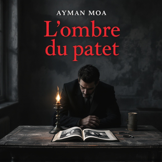 The cover features a dimly lit, aged room as the backdrop, with tones of gray and black dominating to create a mysterious and foreboding atmosphere. An oil lamp, its flame casting elongated, flickering shadows, sits on an old wooden table positioned slightly off-center. A shadowy silhouette of a man (Henri Lemoine, the detective) in a dark suit leans over the table, partially illuminated, his features obscured. On the table lies an open file with a black-and-white photo of a man and a woman partially visible. Deep crimson highlights subtly contrast these darker elements, adding tension and drawing attention to focal points.