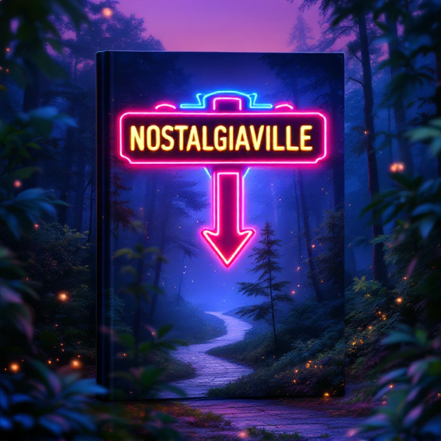 A neon sign reading "NOSTALGIAVILLE" dominates the upper-middle part of the book cover. The sign is styled with bright, glowing neon lights—each letter in alternating shades of pink, teal, and yellow—with a large, bold red arrow beneath it that points downward into a winding, shadowy forest path. The surrounding woods are a mixture of deep greens and blues, cloaked in mist. Tiny ethereal lights (suggestive of fireflies or magic) float throughout the trees, with occasional glowing spots hinting at hidden wonders. A soft gradient sky in twilight purple and orange hues sits on the upper background. The foreground shows a faint dappled texture of leaves, framing the scene to give a sense of being observed from within the woods.