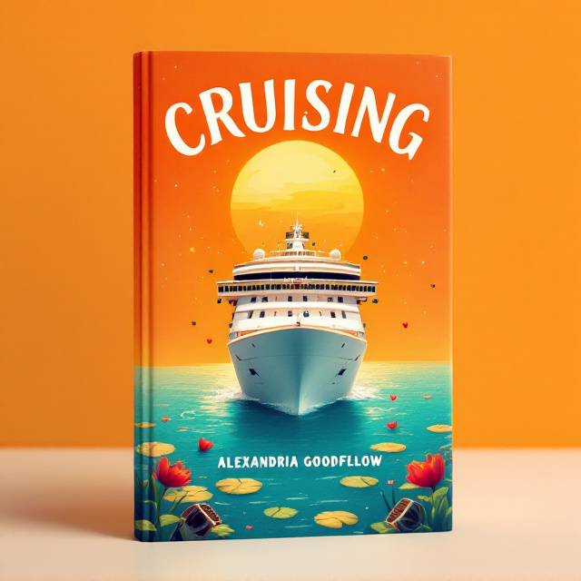 A bright orange sunset casts a playful glow over a turquoise sea. Centered on the ocean is a large, white cruise ship, its deck adorned with whimsical details, like tiny film cameras hanging like fairy lights. At the bottom of the design, film reels float on the water like lily pads, their strips forming heart shapes.