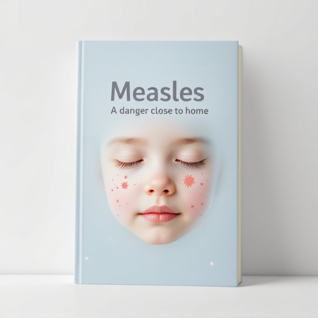A soft, neutral light blue background that transitions to white toward the edges. Subtle, faint red dots are evenly scattered, suggesting the measles rash, but in a delicate artistic manner that avoids being harsh. A close-up of a stylized child’s face is centered on the cover. The face is partially visible, focusing on the cheek and forehead, with a few noticeable yet artistic red spots symbolizing the measles rash. Superimposed over the child’s face is a transparent illustration of the measles virus in red and orange tones, blending seamlessly with the design for a compelling yet empathetic visual element.