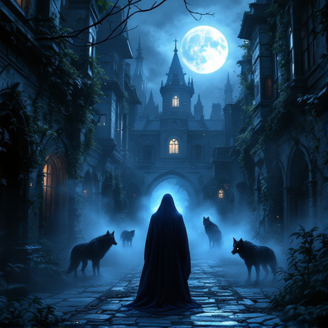 A shadowy, moonlit courtyard of an old gothic library, with vines crawling up the architecture. In the foreground, a figure cloaked in dark blue with a glowing pendant stands facing away from the viewer. Haunting, ethereal creatures of the night, like shadowy wolves with glinting eyes, appear partially obscured in the mist surrounding the figure. The entire scene is bathed in tones of dark blue, with hints of silver and black.