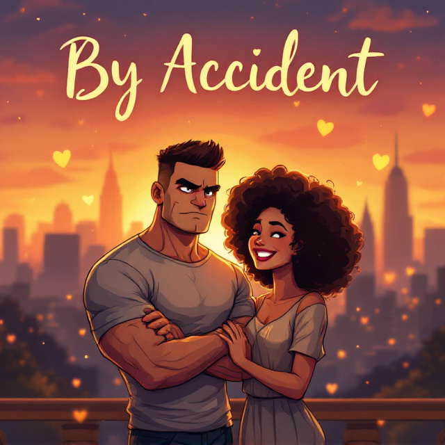 A grumpy, muscular man with dark brown buzzcut standing next to a petite, curly-haired woman. The man looks serious, perhaps crossing his arms, while the woman is leaning slightly into him or laughing, her demeanor cheerful and sweet. Behind them, a city skyline fades into a warm, romantic sunset blending oranges and purples. Light sparkles and faint hearts are scattered subtly around them to set the romantic tone. The characters are semi-illustrated rather than photorealistic, giving a cute and whimsical vibe.