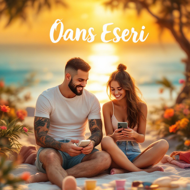 A bright summer beach setting with a soft golden sunset glow in the background. On the left, the tall boy in a white fitted T-shirt exposing his arm tattoos is sitting on a bench, holding a retro telephone receiver. He’s grinning subtly while texting. On the right, the petite girl sits cross-legged on the same bench, looking down at her phone shyly, with a playful smile. Surrounding them, there are faint blurred colorful summer elements like flip-flops, sunglasses, and flowers. The overall cover exudes warmth with pastel hues of yellow, coral, and aqua.