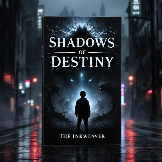A solitary boy stands at the center of a dimly lit, rain-soaked city street, shoulders hunched. Behind him, shadowy ink-like beings rise dramatically from the ground and walls, their forms fluid yet menacing, as if created out of pure darkness. The city skyline looms in the background, illuminated faintly by neon lights, but the focus remains on the boy and the ink creatures. The black-dominated color palette fades into dark shades of blue and purples, with eerie glowing elements incorporated into the beings' eyes or forms.