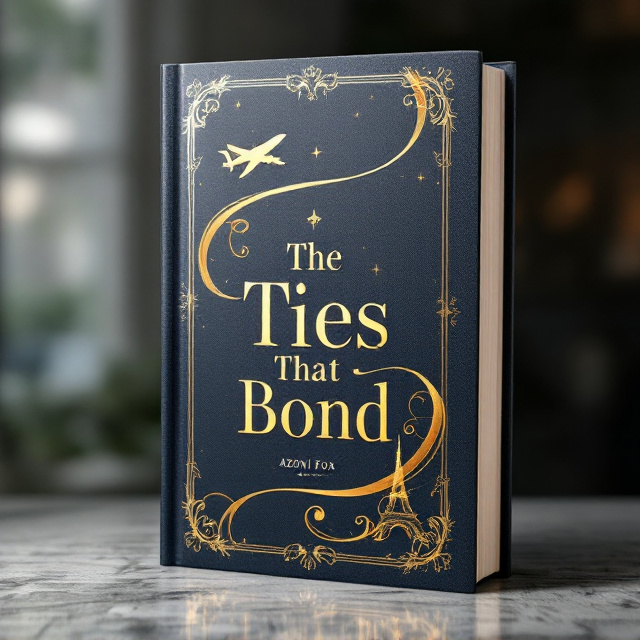 The cover is imbued with a vintage aesthetic in a monochromatic palette of deep blue and grey tones accented with warm browns and shimmering gold foil. On the top left corner, a delicate yet detailed line drawing of the Eiffel Tower fades into the background, its ironwork stylized to exude elegance. The right side features an illustration of a grand university building, meticulously drawn to mirror the Eiffel Tower's aesthetics. A swirling gold ribbon connects the Eiffel Tower and the university building, symbolizing a mysterious link. The ribbon catches light with its gold foil accents, weaving through the middle and intersecting with an artful depiction of an airplane, its shimmering gold flight trail slicing through the center of the composition.