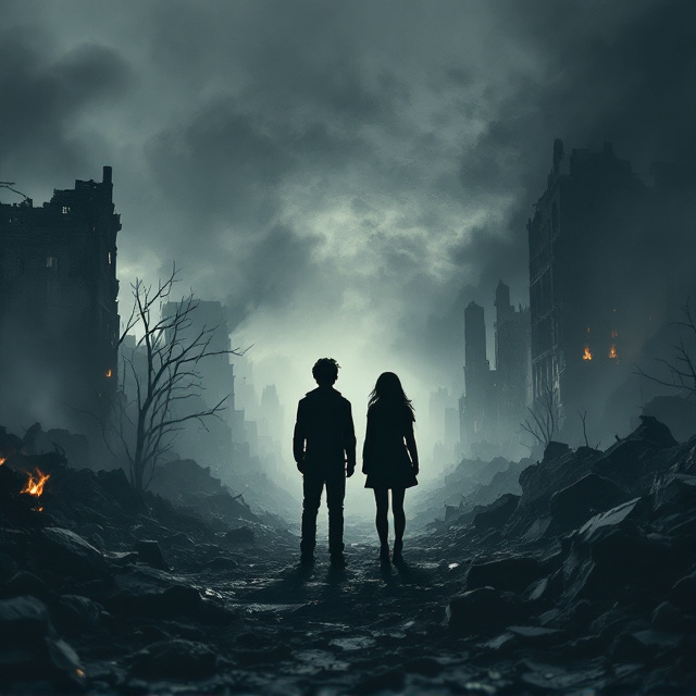 A war-torn city is depicted under a dark and cloudy sky, with crumbling buildings and debris in the background. Shadows loom ominously over the scene, spreading out like creeping tendrils, and the edges of the cover are shrouded in darkness. At the center, silhouetted figures of a boy and a girl are standing amidst rubble. They are positioned slightly apart, but their shadows twist and connect around them, creating an otherworldly feel, as if the shadows are alive. The overall palette is muted, dominated by grays, deep blues, and blacks, with only a subtle touch of dim orange from distant flames highlighting their desolation.