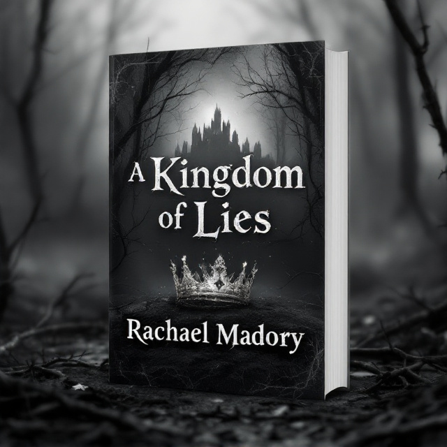 The cover features a grayscale scene of a shattered crown lying on the ground, surrounded by dark, thorny vines fading into mist. In the background is a faint silhouette of a castle, barely visible, submerged in shadows. The foreground crown is cracked and glimmers faintly under a dim, gloomy light. The overall tone of the cover is dark and suffused with an eerie stillness, exuding sadness and hopelessness.