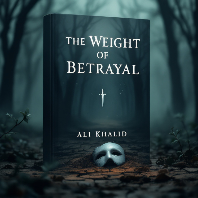 A dark, moody background of a misty forest, with faint silhouettes of bare trees fading into the mist. In the foreground, a single, shattered porcelain mask lies partially buried in dry, cracked earth. The mask conveys a sense of secrecy and betrayal. Soft beams of eerie moonlight shine down, creating shadows that form subtle clues—like a hidden dagger-shaped shadow amongst the forest floor.