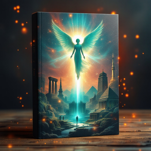 A vibrant depiction of the seven ancient wonders situated in various parts of the cover. The Colossus of Rhodes occupies the bottom-left corner, anchoring the composition, while the Lighthouse of Alexandria radiates its beams in the bottom-right. The Hanging Gardens of Babylon dominate the central position, with a striking angel suspended gracefully above it, cloaked in ethereal light. The Temple of Artemis, Statue of Zeus, Mausoleum at Halicarnassus, and Great Pyramid of Giza are laid out symmetrically across the rest of the space. The background merges red, blue, and green hues in a gradient with glowing ethereal particles scattered to evoke mystery and engagement.