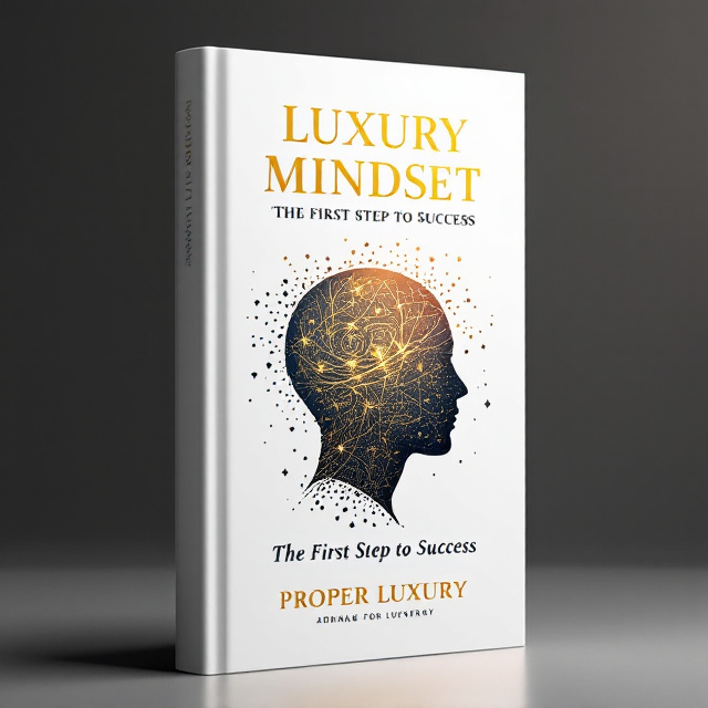 A sleek, minimalist design with a stark white background and metallic gold accents. The center features a silhouette of a human head filled with intricate abstract swirls and interconnected dots, symbolizing creative and luxury-oriented thinking. Surrounding the silhouette are faint diamond patterns, creating a feeling of exclusivity. A subtle gradient glow extends outward to suggest enlightenment and inspiration.