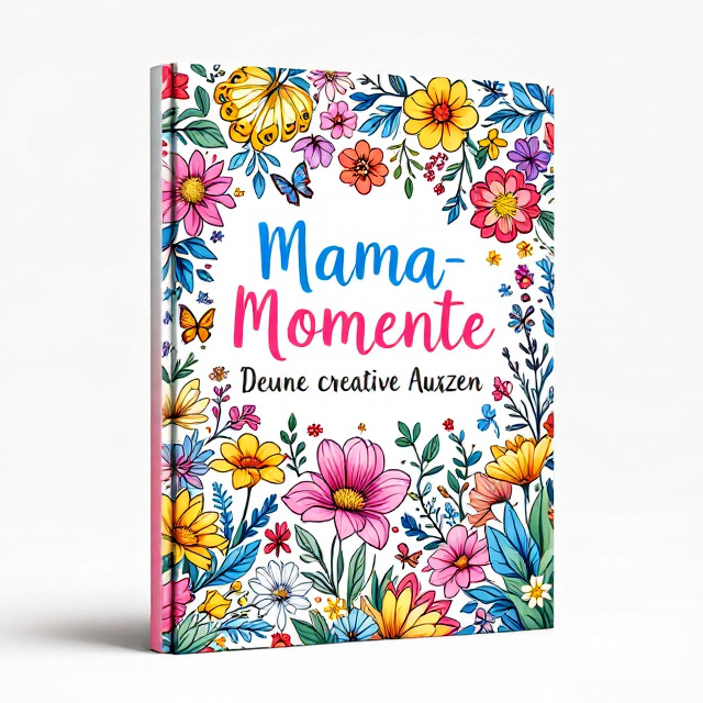 The cover features a colorful composition of flowers, butterflies, and nature motifs inspired by a hand-drawn coloring book style. The vibrant elements are "colored in" while their black outlines are visible, giving the effect of an illustrated design completed with care. The background is a soft off-white resembling a blank coloring page, while blooming florals and fluttering butterflies burst joyfully across the page. The cover exudes creativity and happiness, with intricate details that appeal to mothers seeking a calming yet stimulating aesthetic.