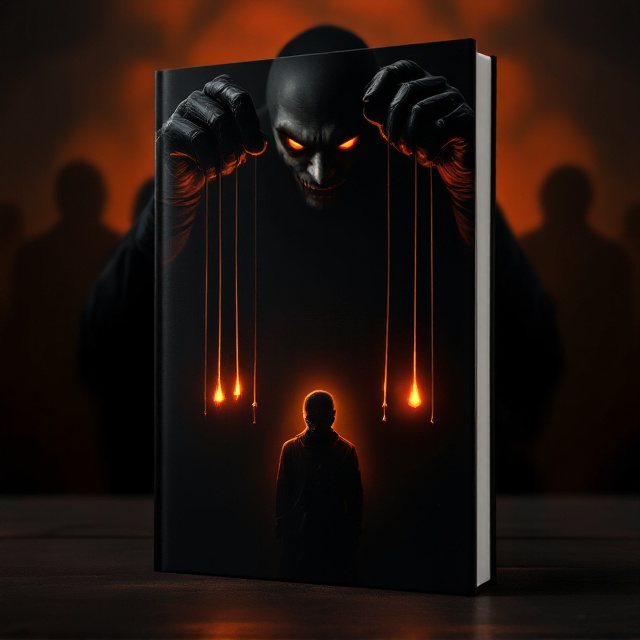 A haunting black background with gradient hues of deep orange seeping in from the edges, creating an ominous glow. A dark, shadowy contractor with a barely distinguishable but sinister smirk occupies the upper portion of the cover, mostly concealed except for his piercing eyes. His dark, gloved hands extend downward, holding glowing orange puppet strings. The strings control a fragile-looking customer figure who appears innocent and unaware, wearing a slightly confused facial expression. The customer faces forward, with the contractor looming eerily behind them, only partially visible. Shadowy, vague silhouettes of other clients subtly fade into the background, symbolizing manipulation on a larger scale.