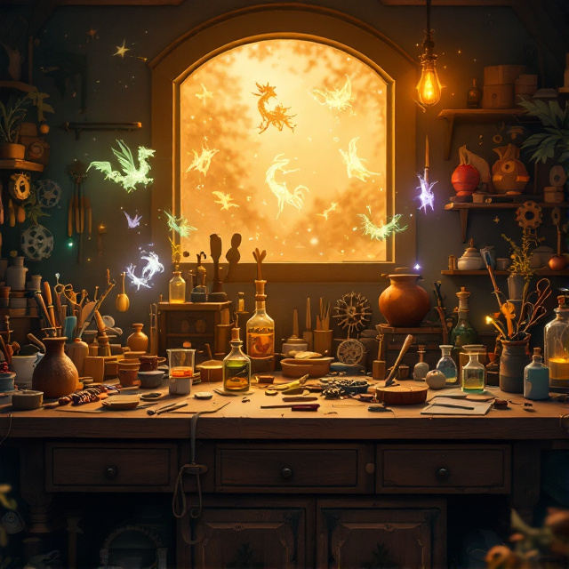 A mystical workshop setting with a cluttered wooden workbench filled with whimsical, half-finished props like wands, potions, and gears. Above the bench, ethereal, glowing sketches of dragons and mythical creatures float in the air, suggesting imagination and creation. Warm, golden light filters in from a window, casting vibrant, magical shadows across the scene.