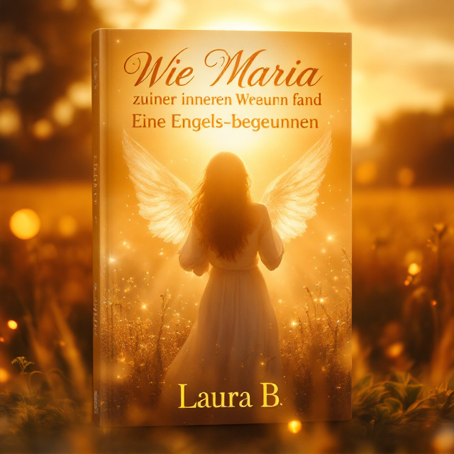 A serene scene of a woman standing in a field bathed in golden sunlight. Rays of light create a radiant aura around her, accentuating the warmth. Ethereal angelic figures subtly appear in the background, with shimmering effects that capture the reflective elements of light and glitter. The sun is low in the sky, casting long, gentle shadows.