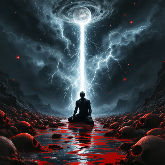 The cover features a somber and evocative illustration of a kneeling man, front and center, in a dramatic pose. He's placed in the middle of a shallow river of blood, surrounded by cracked, decayed skulls. The man has his head tilted back, tears streaming down his face as an intense, glowing white beam shoots from his mouth into a dark, swirling storm-covered sky. The thunderstorm crackles with vivid lightning, splitting the clouds dramatically. Ethereal shapes—representations of angels and demons—hover faintly in the storm above, locked in battle. The far-off silhouettes of multiple strange planets exist in the distorted sky, suggesting other dimensions. The blood-red hue dominates the lower part of the cover, blending into a darker gradient toward the ominous black sky. Small glowing red embers rise from the scene, adding to the intense energy.