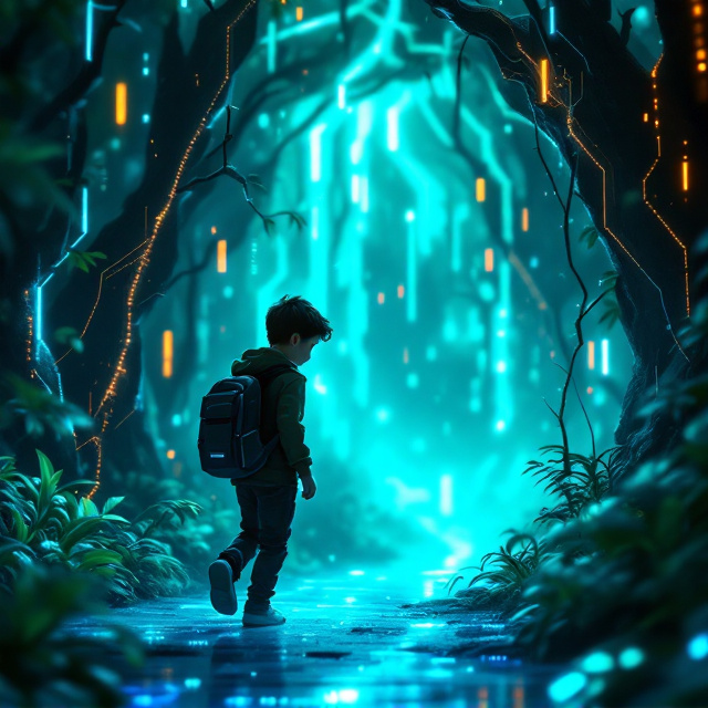 A young boy with a slightly curious yet determined expression is seen walking into a surreal digital jungle. The jungle is composed of glowing holographic elements, with pixelated vines and neon circuit trails replacing traditional foliage. A faint futuristic glow emanates from the jungle, casting a mysterious light on the boy, who carries a backpack symbolizing his readiness for adventure. The background gradually transitions from natural tones to a visually striking digital blue-green hue. The edges of the cover hint at faint binary codes fading into the jungle.