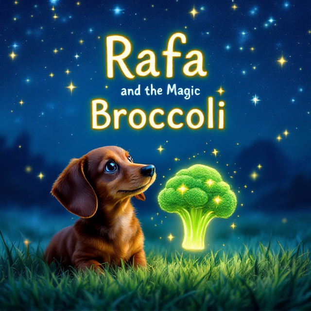 A vibrant and whimsical night sky backdrop with a deep blue hue, scattered with shimmering stars. At the center, a magical, glowing broccoli with golden sparkles is resting on green grass. Beside it, a playful and curious brown dachshund sits, gazing at the broccoli in awe. The dog’s expression is filled with wonder, conveying happiness. Above, a light twinkle connects the broccoli and stars, completing the magical feeling.