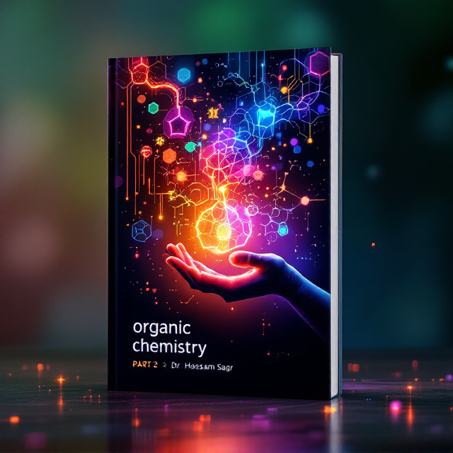 An abstract, dynamic design featuring a burst of molecular structures. Chlorophyll, a pharmaceutical molecule, and a classic organic reaction mechanism are intertwined with vine-like patterns that transition into glowing molecular structures. Neon-glowing bonds that resemble cutting-edge digital interfaces are highlighted. The lower section depicts a hand holding a luminous molecule, surrounded by a soft, futuristic glow, symbolizing organic chemistry's impact on medicine, sustainability, and technology. The background is a gradient blend of earthy green, vibrant orange, and neon blue and purple, with scattered colorful chemical reactions creating a lively atmosphere.