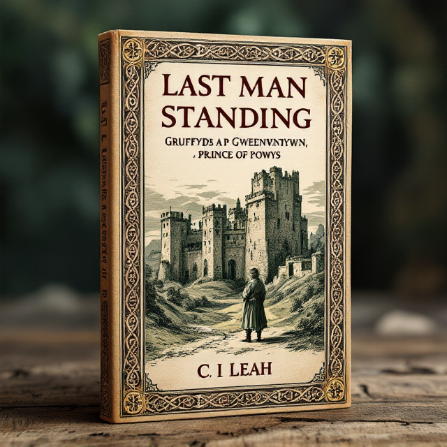 A medieval-inspired illustration that features Powis Castle sketched in a detailed and engraved style, its silhouette emerging from the background. The border is adorned with intricate Celtic knotwork, framing the imagery like a page from an illuminated manuscript. The center of the cover has an early medieval figure dressed in period attire, reflective of Gruffydd ap Gwenwynwyn's era. The colors are muted, embracing earthy tones like deep green, bronze, and parchment beige, to evoke an old-world aesthetic.