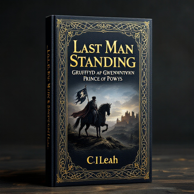 A dark, textured background resembling aged parchment or stone, with the silhouette of Powis Castle in the distance surrounded by faint, misty clouds. Engraved Celtic knotwork forms an intricate border spanning all edges of the book cover, inspired by medieval manuscript art. The center features a medieval-style illustration of Gruffydd ap Gwenwynwyn on horseback, holding a banner with the Welsh dragon. Gold accents are used sparingly to highlight key features, creating an inspiring yet reflective tone.