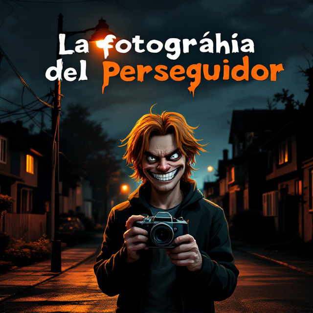 A suburban street at night with dim streetlights, bathed in eerie orange and black tones. The shadows of quiet houses loom in the background. In the foreground, a cartoon man with unnervingly ginger straight hair stands under a streetlight. His unnaturally wide grin is directed to the reader, holding a vintage camera aimed straight at the viewer, as though capturing their image. His eyes glint creepily, and his smile seems to stretch unnaturally in a horror-styled fashion. The scene is unnerving with heavy use of contrast between orange highlights and black shadows.
