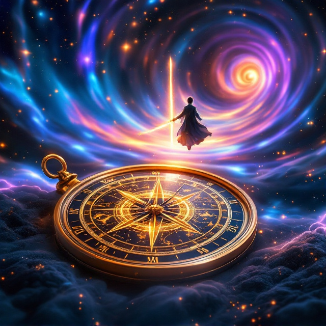 A bronze compass with intricate star maps lies centered in the cover, glowing faintly as if imbued with ancient, mystical power. Surrounding the compass, a cosmic nebula stretches outward with deep hues of space blue transitioning into vivid purple gradients. Behind the compass, a distant star gate radiates with spiral energy waves moving toward the viewer. A figure in a Taoist robe, holding a glowing sword, hovers in the mid to upper right corner, seemingly propelled forward by the spiral energy. Wisps of light and stars orbit the compass, forming an entrancing celestial vortex.