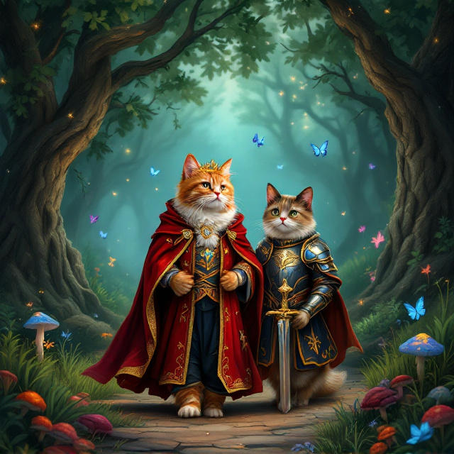 The cover features a ginger short-haired cat dressed in regal king attire—a luxurious red velvet robe with golden trim and a jeweled crown—walking through a magical, dark green forest. To his side is a Siamese long-haired cat clad in shining steel armor with intricate engravings, holding a sharp sword. The background includes large, ancient trees with twinkling fireflies, clusters of glowing mushrooms, patches of luminescent grass, and delicate, colorful fairies fluttering in the air. Blue and violet butterflies dance across the scene. The overall image has a hand-painted look with muted, rich tones reminiscent of dark fantasy storybooks.