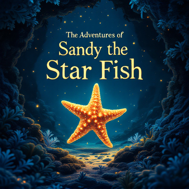 A mystical underwater scene featuring a large, glowing starfish (Sandy) as the central focus. The background is a deep, gradient ocean blue fading into black, dotted with specks of light resembling bioluminescent particles and small sea creatures. Shadowy coral structures surround the edges of the frame, creating a natural but mysterious border. Sandy the starfish is slightly luminous with ethereal golden-yellow and orange tones, radiating an aura of intrigue.