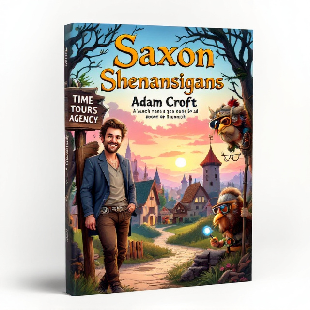 The cover features a whimsical Anglo-Saxon village nestled under a rosy sunset sky. In the foreground, a smiling, slightly disheveled time-travel tour guide (wearing a modern blazer over a tunic and holding a pocket watch) stands leaning against a broken “TIME TOURS AGENCY” wooden sign, subtly cracked. A mischievous tourist in Viking-era clothing peeks from behind a tree holding a glowing futuristic gadget. Small humorous details — like a chicken wearing sunglasses or a detective's magnifying glass hanging from a medieval spear — pepper the scene.