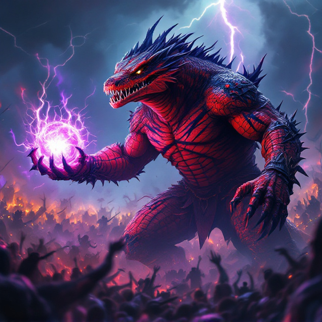 The massive figure of the Komodo dragon-headed lizard-man dominates the foreground, his vibrant red scales reflecting the glow of the pulsating purple orb in his left hand. Streaks of black war paint slash diagonally across his scaled face, giving him an intimidating presence. His right hand grips a spiked, obsidian-black mace. Around him, an expansive battlefield extends, filled with blurry shadow-like figures locked in combat under a tumultuous, lightning-filled sky. The stormy atmosphere is dark yet infused with flashes of purple light from the orb, which casts an eerie glow over the lizard-man and nearby details. The title "Orbquest Legends of Whenua - Book Two - Revenge of Korvas" is prominently displayed in fiery, glowing orange-red font at the top, while the author's name, "W.C. Williams," is at the bottom in smaller, metallic silver letters.