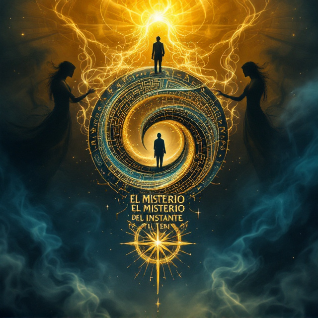 The central focus of the cover is a detailed, spiral-shaped auryn-like symbol intertwined with intricate designs. The symbol integrates two figures a lone adventurer clad in symbolic explorer attire and an ethereal, labyrinthine figure shaped like a shimmering human silhouette, twisting and alive. At opposite corners of the symbol, two dark, wispy shadows stretch and curl, creating a chilling presence, representing the malice of the villains. On the bottom edge, a glowing compass-like emblem symbolizes the helpful ally. The background transitions from a golden hue at the top to deep, mysterious blues at the bottom, giving the sense of passing through time and space. Fine, swirling smoke lines across the background enhance the mystical aura.