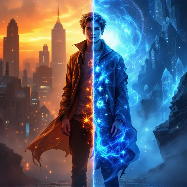 A young Jax stands at the center of the cover, his figure split vertically down the middle. On the left, Jax dons casual, modern clothing, illuminated by the warm, fading light of a modern cityscape, complete with skyscrapers and streetlights in an orange-red sunset glow. On the right, Jax is cloaked in flowing magical robes etched with faint, glowing runes, positioned against a mystical background of floating crystalline structures and ethereal architecture sheathed in deep blues and purples. The Astral Stones float prominently in the foreground, their crystalline forms emitting a soft, swirling blue-white glow that visually connects the two worlds. The cover is framed by a faint mist to create depth and mystery.